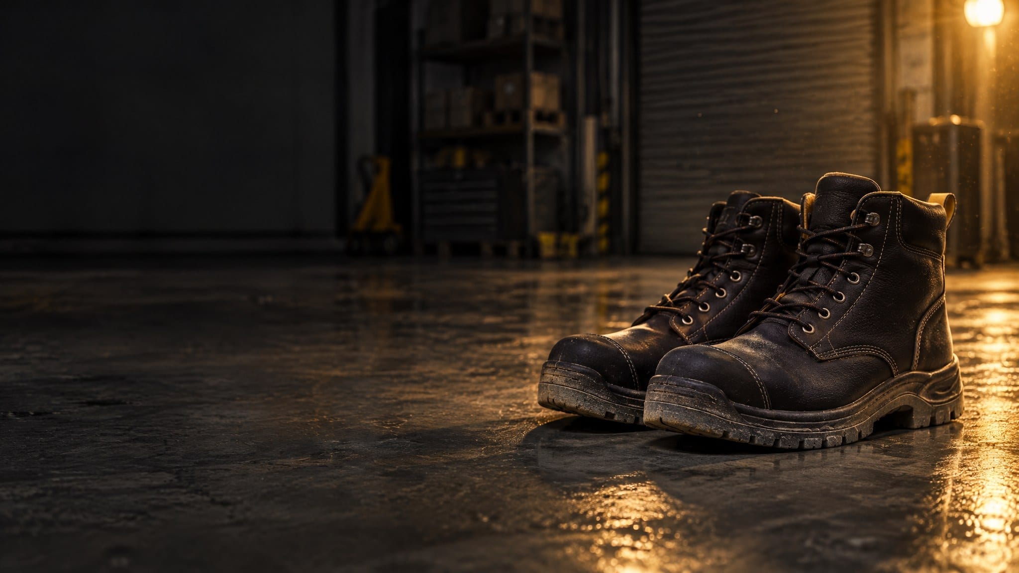 Robuste schwarze Sicherheitsstiefel auf nassem Werkstattboden im warmen Licht