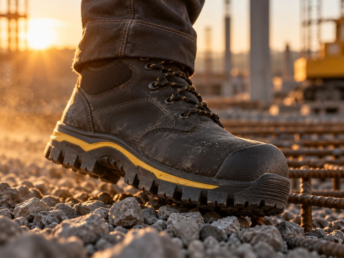 Sicherheitsstiefel mit Profilsohle und Zehenschutzkappe auf Baustellenschotter
